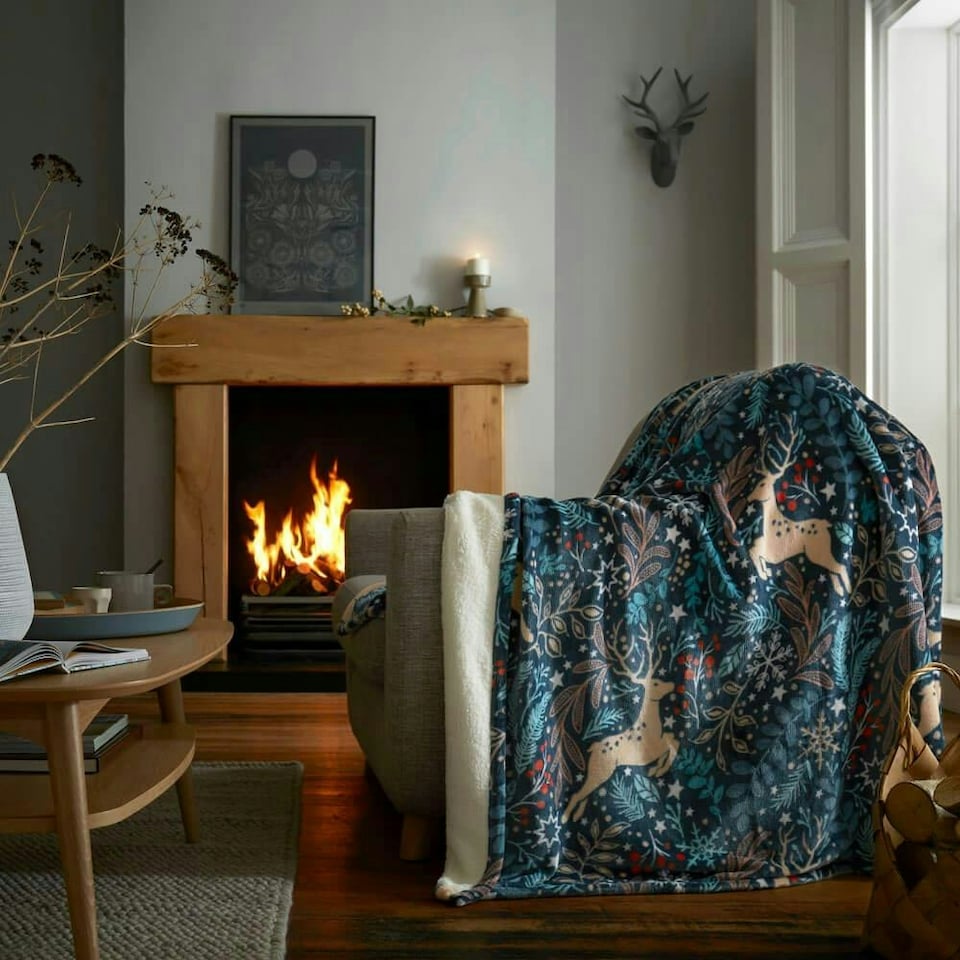 image 1 of Winter Stags Navy Sherpa Fleece Throw Blue | 130x170cm