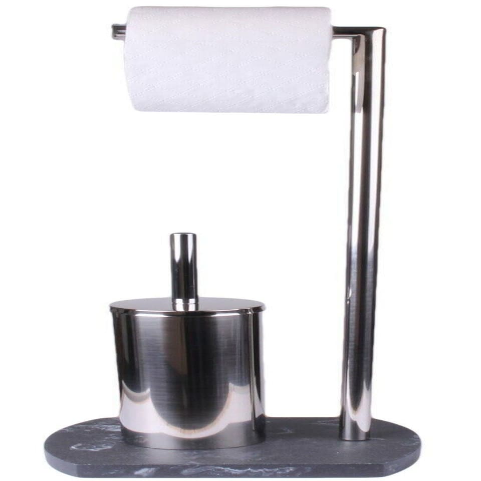 image 1 of Showerdrape Octavia Grey Marble & Chrome Toilet Roll Holder & Toilet Brush Combination