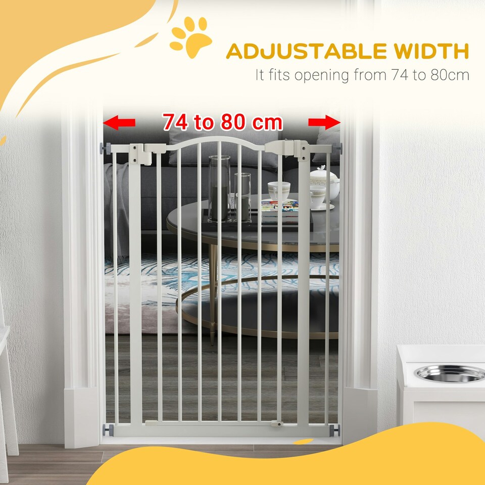 image 1 of PawHut 74-80cm Adjustable Metal Pet Gate Safety Barrier w/ Auto-Close Door White