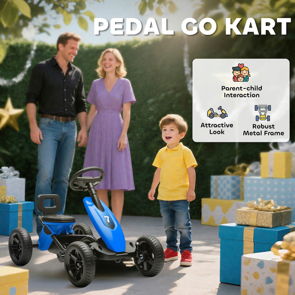 image 1 of AIYAPLAY Pedal Go-Kart for Kids with Silent EVA Wheels, Metal Frame, Blue