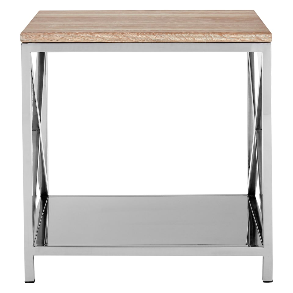 image 1 of Solid Oak Surface Lamp Table, Sleek Modern Bedside Table, Polished Stainless Steel Frame Lamp Table Cream