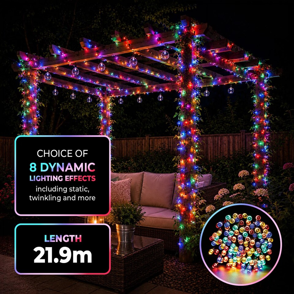 image 1 of Coopers Of Stortford Solar String Lights 200 LED 21.9m 8 Light Effects