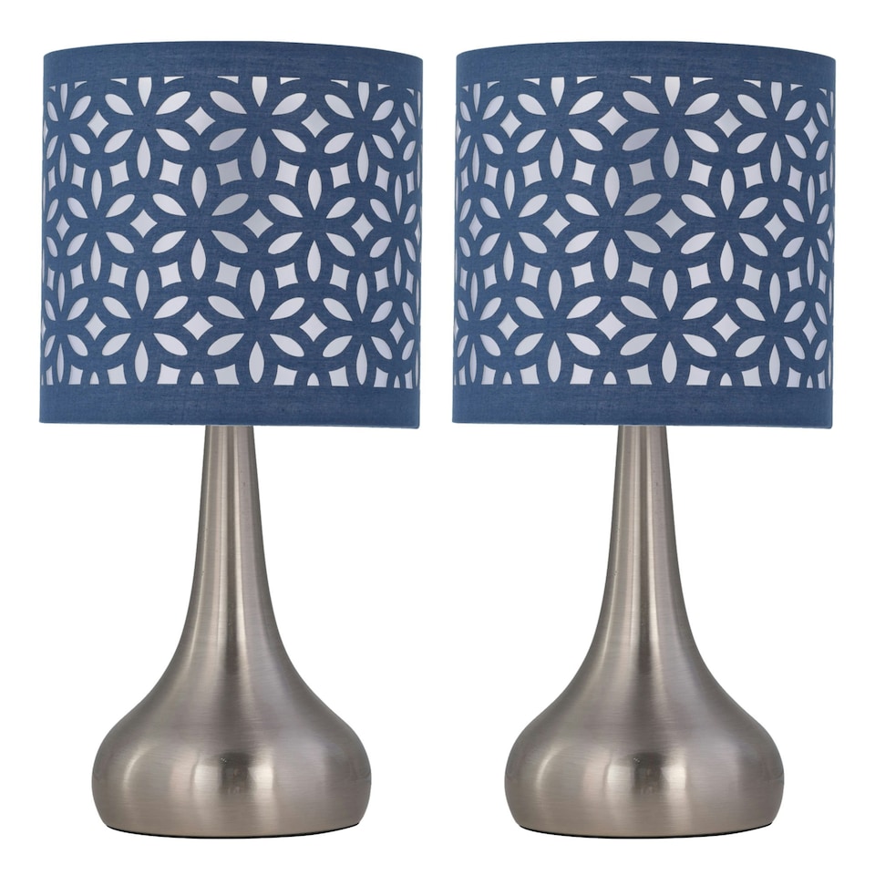 image 1 of Set of 2 Romana - Brushed Chrome Touch Operated Table Lamps Bedside Lights Navy Blue Laser Cut Shade Silver | Blue