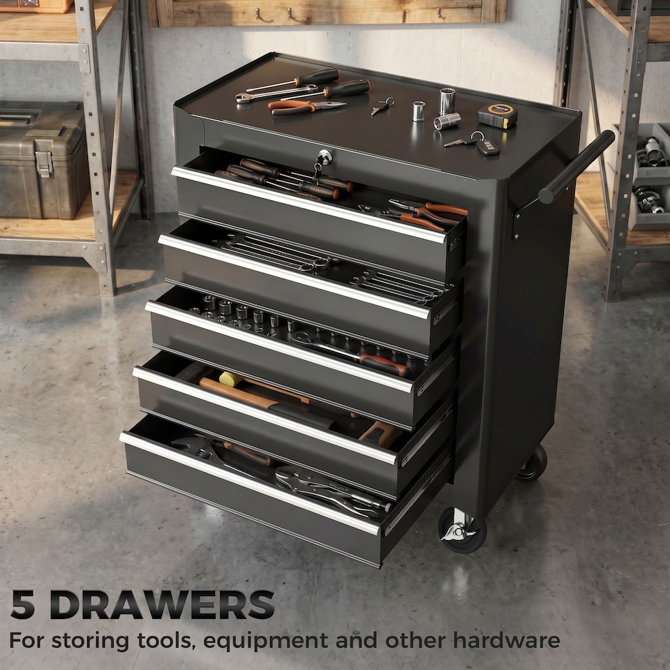 image 1 of HOMCOM 5-Drawer Tool Chest Steel Lockable Tool Storage Cabinet with Wheels | Black