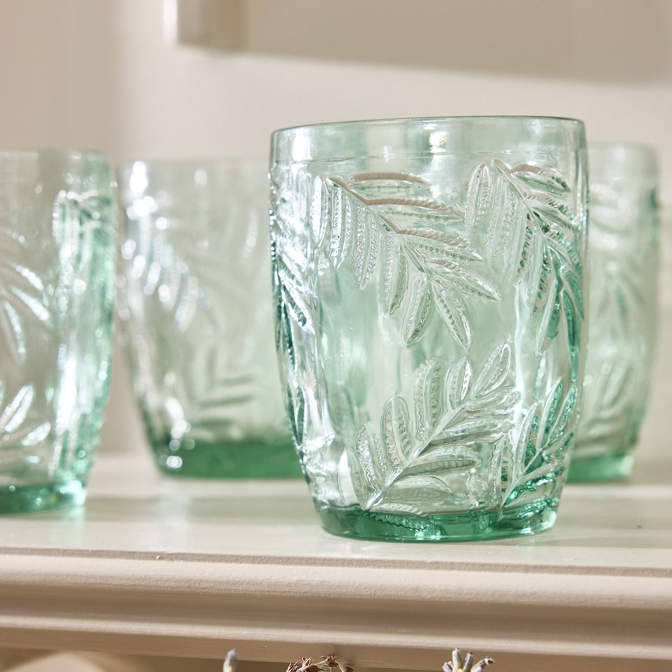 image 1 of Set of 4 Laurier Green Spring Summer Embossed Leaf Drinking Glass Short Tumblers 320ml