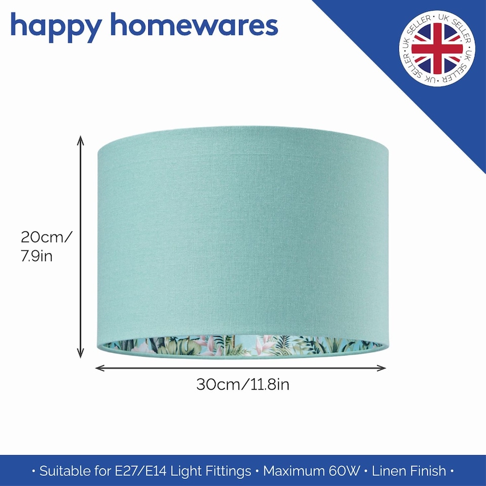 image 1 of Unique Jungle Print Duck Egg Lampshade with Palm Trees, Sloths and Elephants | Blue | Duck Egg | 1