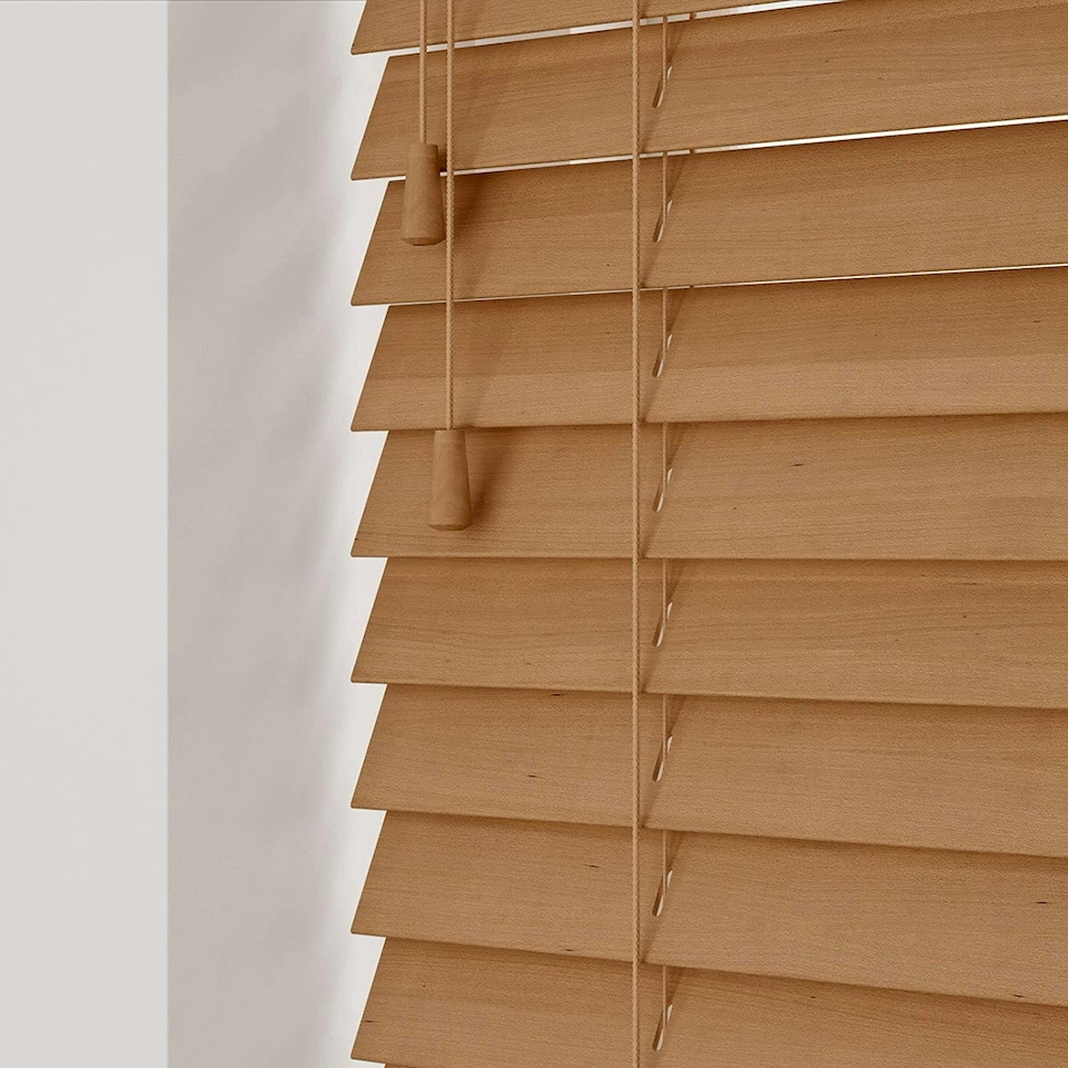 image 1 of 120cm Caramel Oak Wooden Venetian Blinds With Strings (130cm drop) | Brown | Brown