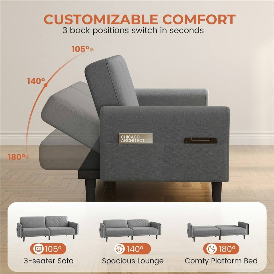 image 1 of Yaheetech Fabric 3-Seater Sofa Bed for Limited Space Grey | Dark Grey