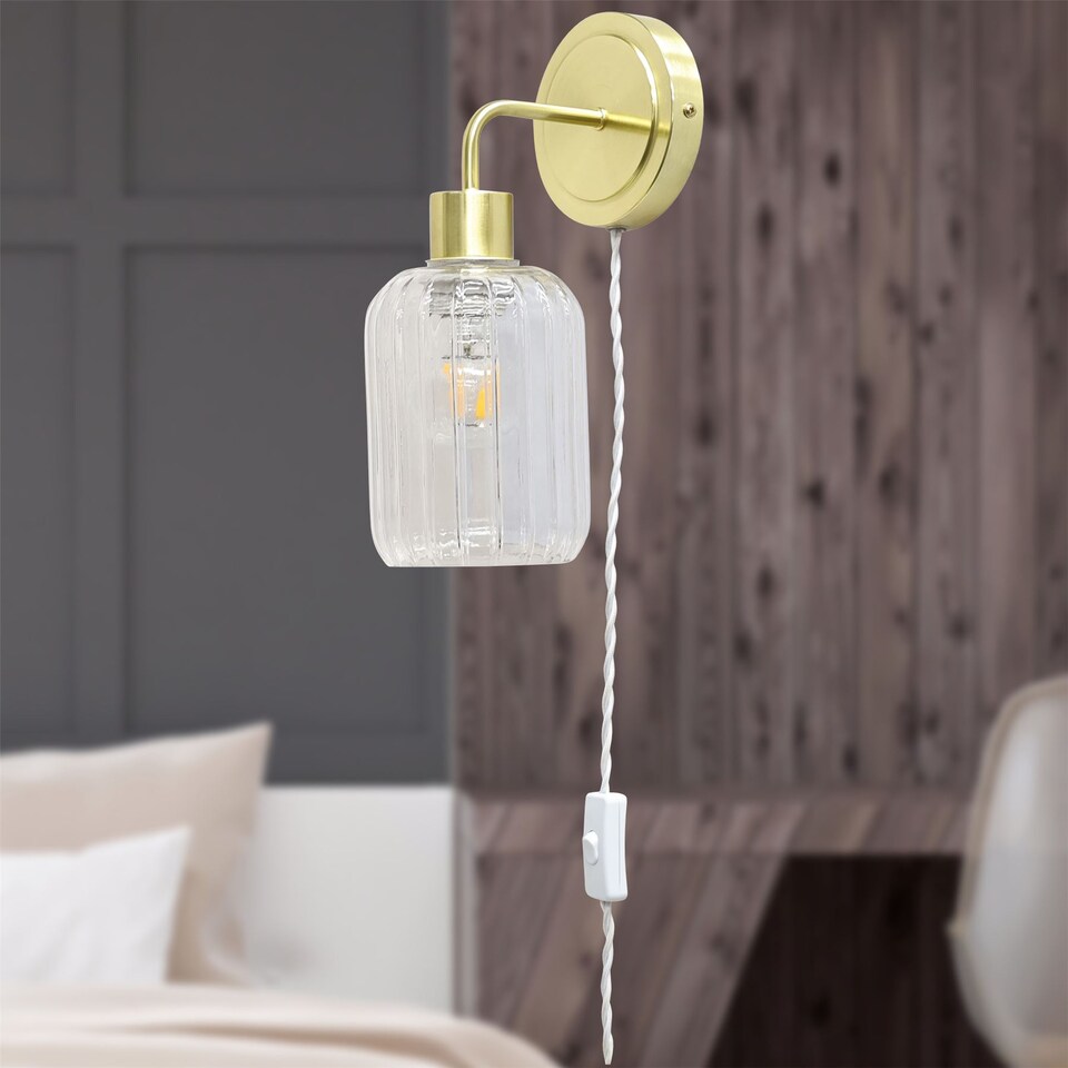 image 1 of Toby - Satin Brass Plug in Wall Light with Lozenge Ribbed Glass Shade
