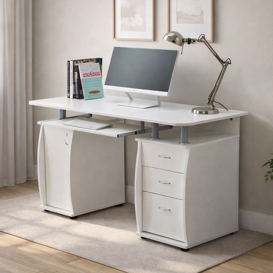 image 1 of WICKLOW Computer Desk with Cabinet and 3 Drawers - White | White