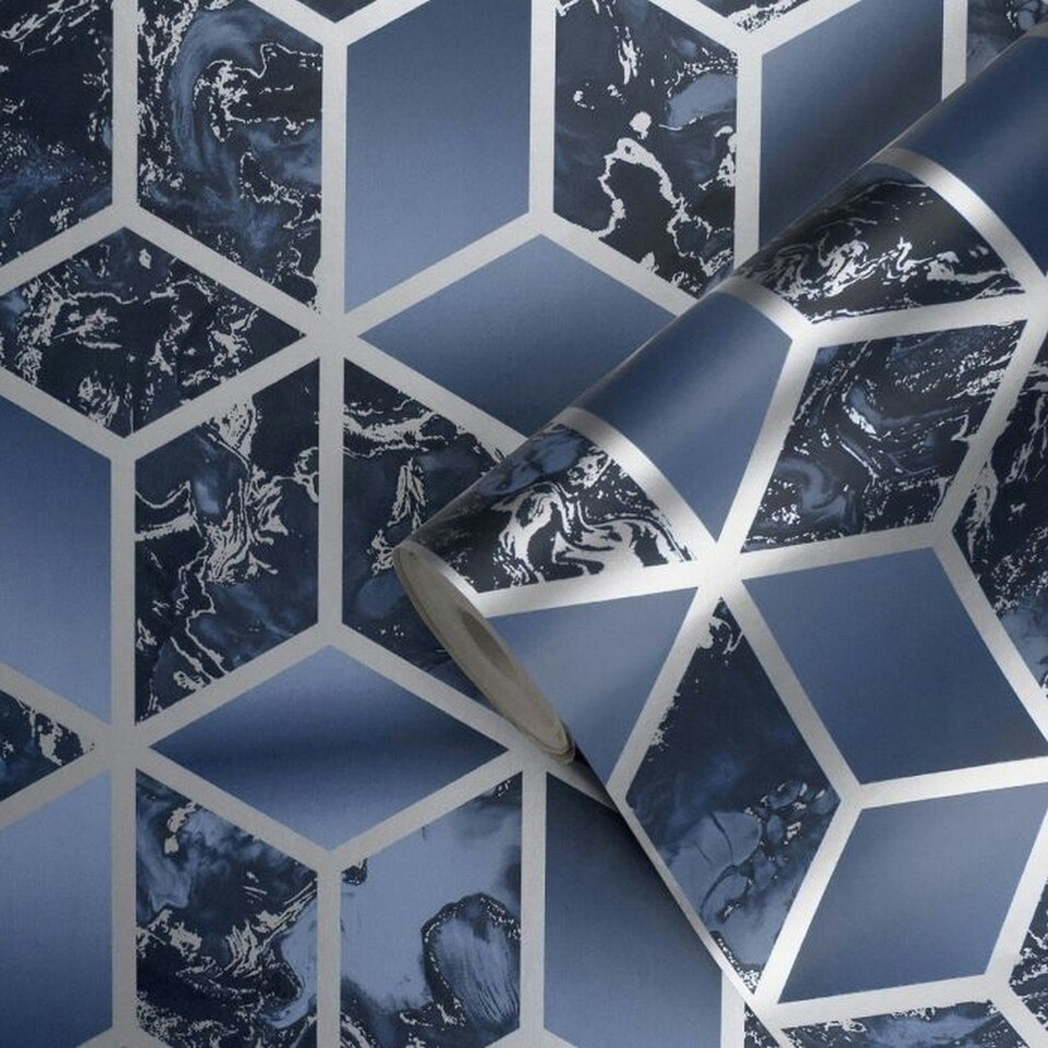 image 1 of Muriva Elixir Marble Wallpaper - Navy/Silver - 10m x 53cm Blue