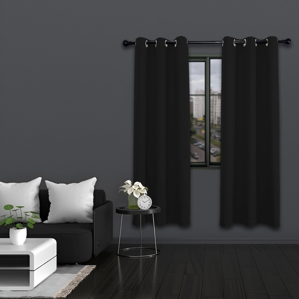 image 1 of Black Blackout Curtains - Eyelet Thermal Curtain  - 66 x 84 Inch Drop - 2 Panel | Black | One Size