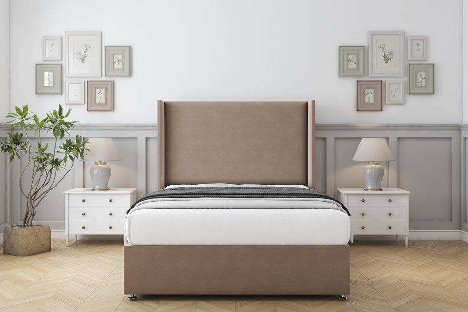 image 1 of Sloomy Devonshire Mink Plush Divan Bed Base 2 Drawers Foot-End With 54 Inch Wingback Headboard | Brown | Mink | Small Double | 1