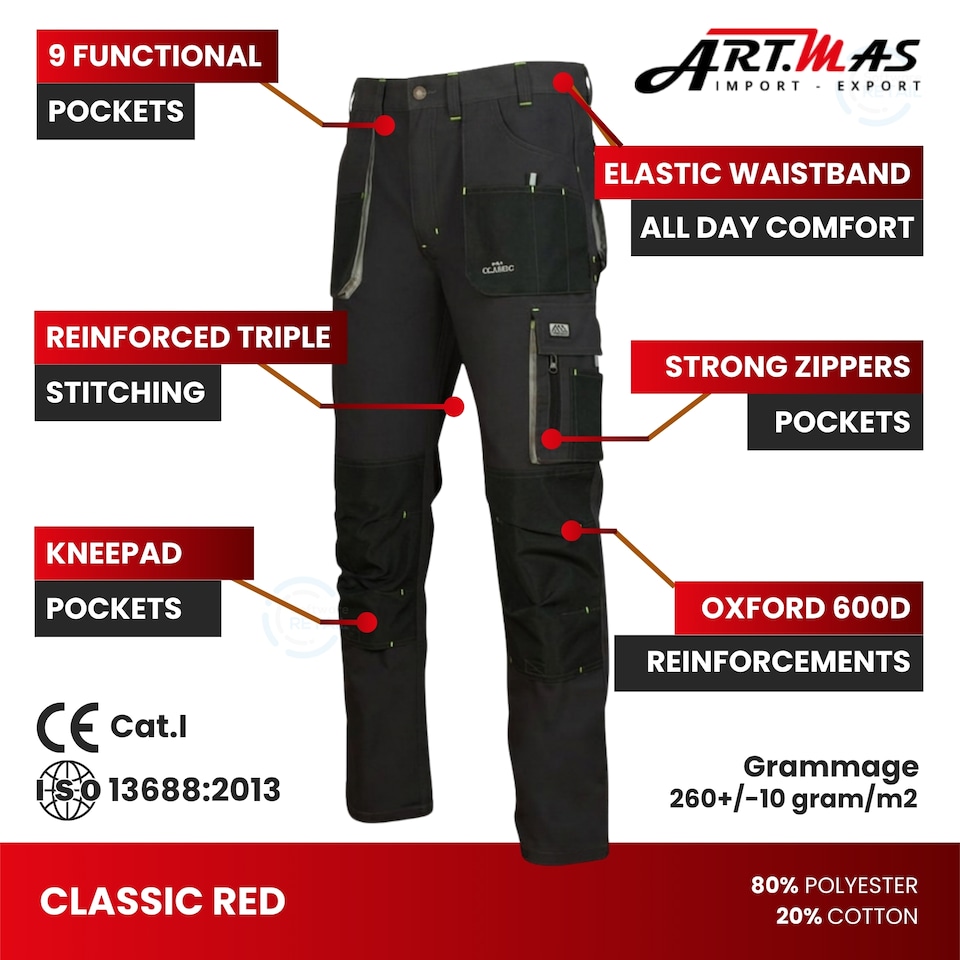 image 1 of Artmas Classic Grey Work Trousers with Knee Pad Pockets, 9 Pockets, 260gsm (38/40 Inch - 56 EU)