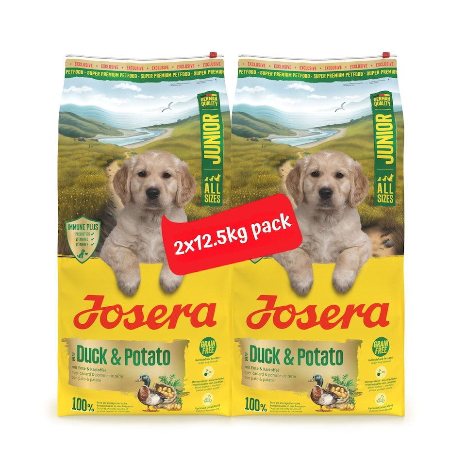 image 1 of Josera Junior Duck & Potato complete dog food | All puppy sizes | Single meat protein | Grain-free | Immune Plus | Salmon oil | Joint support | 2x12.5kg pack