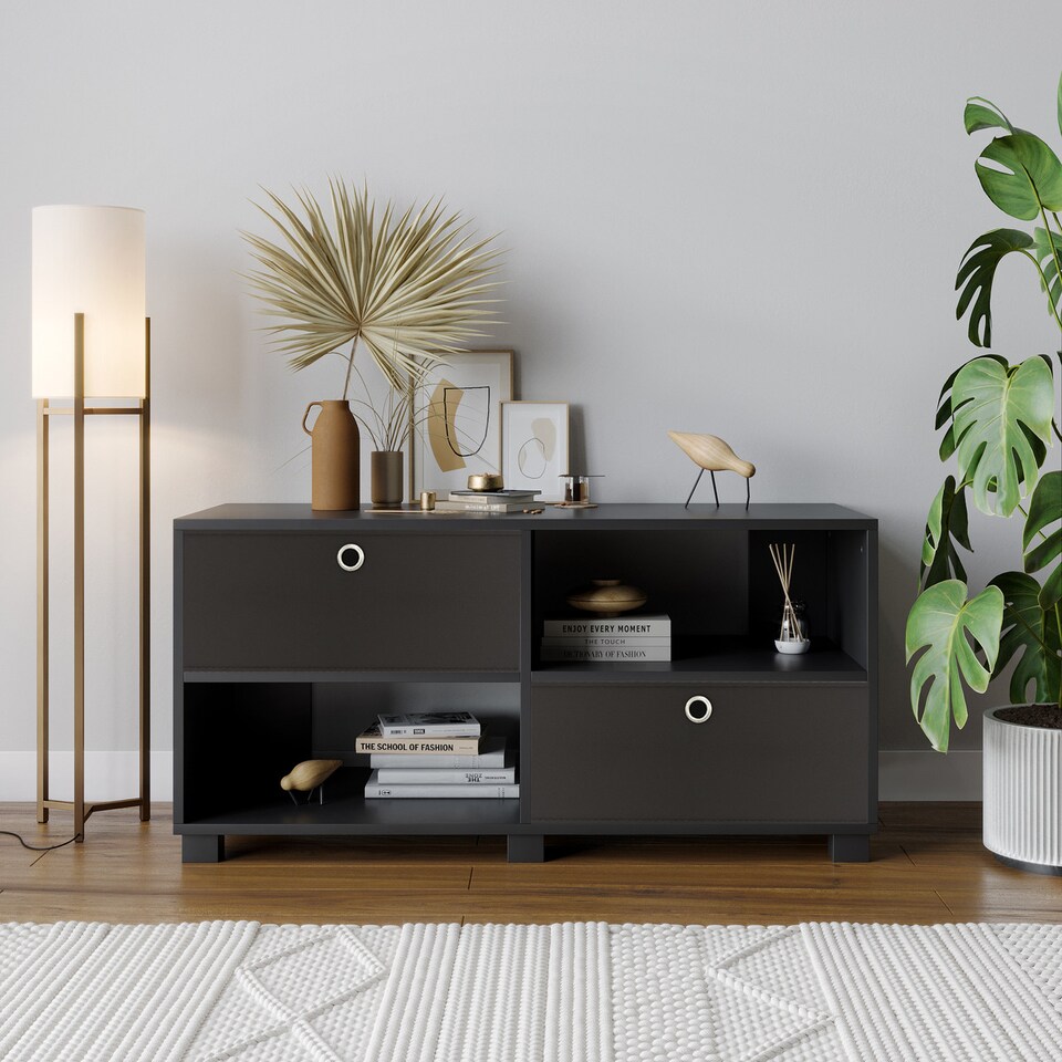 image 1 of Black TV Stand with 2 Drawers | Black | Black & Black | 1