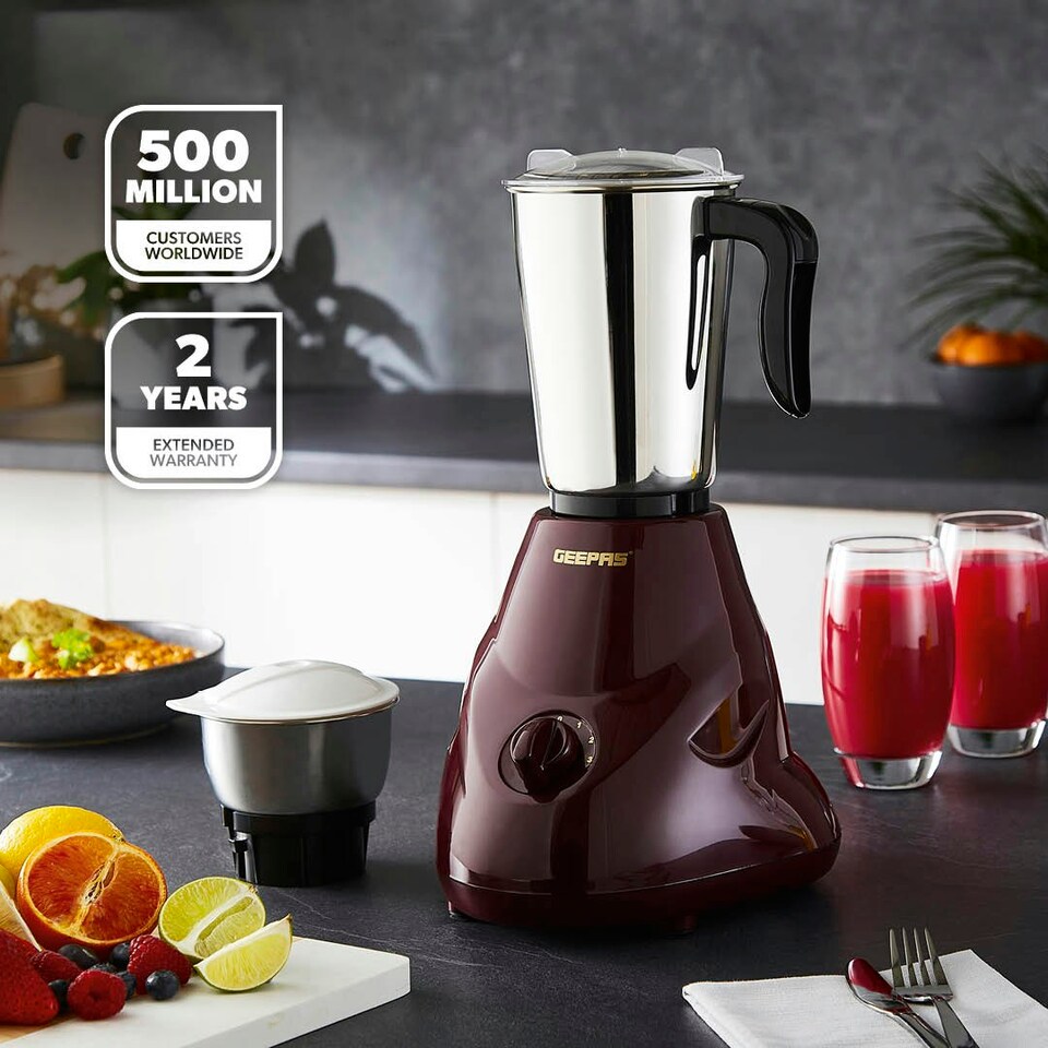 image 1 of GEEPAS 2 In 1 Mixer Grinder Stainless Steel Jars 550W Maroon