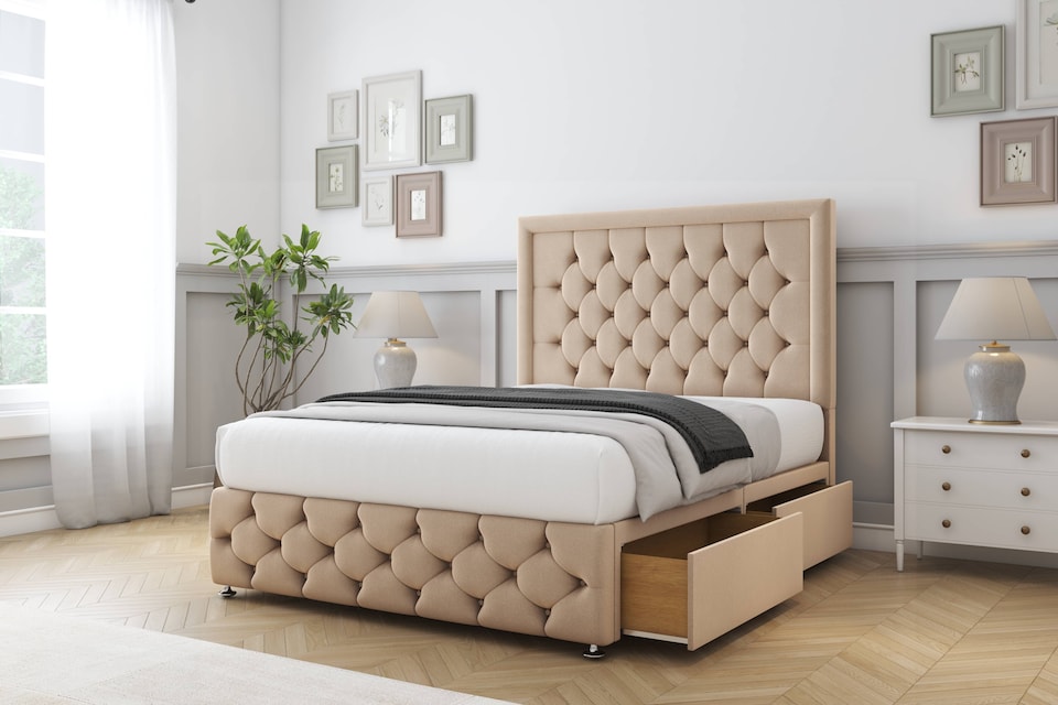 image 1 of Sloomy Vienna Pebble Plush Divan Bed With Mattress 2 Drawers Left Side With 54" Floor Standing Headboard & 12" Matching Footboard 5' King | Brown | Pebble | King | 1