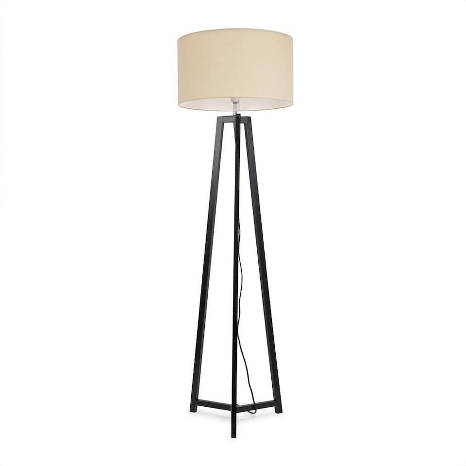 image 1 of ValueLights Lottie Black Wood Tripod Floor Lamp with Natural Shade & Bulb | Cream