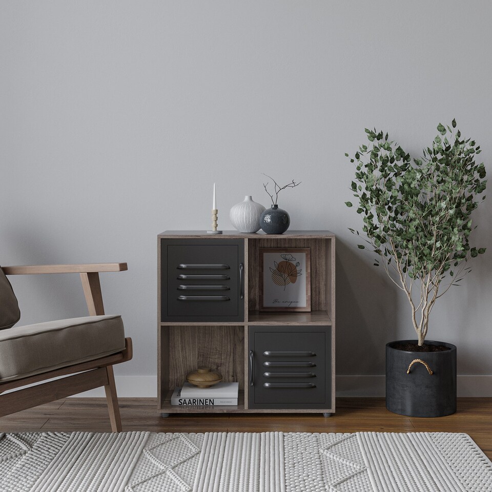 image 1 of 4 -Cube Shelving Unit With Metal Doors - Square | Brown | Anthracite Oak & Black | 1