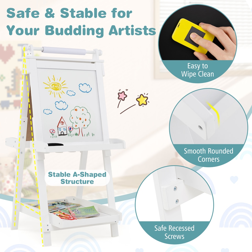 image 1 of COSTWAY Foldable Easel Kids 3-in-1 Double-sided Art Easel w/Chalkboard-White