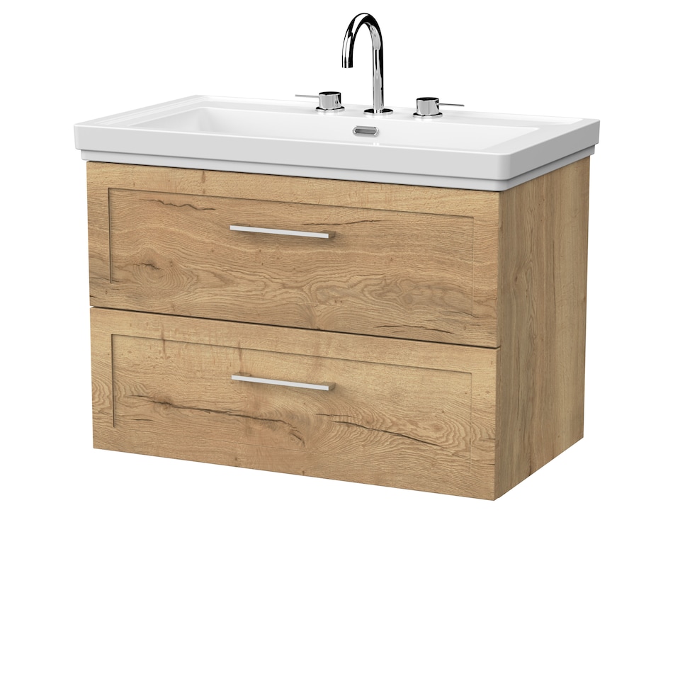 image 1 of Balterley Stonnall Traditional Wall Hung 2 Drawers Vanity Unit with Traditional 3 Tap Hole Fireclay Basin, 800mm, Autumn Oak
