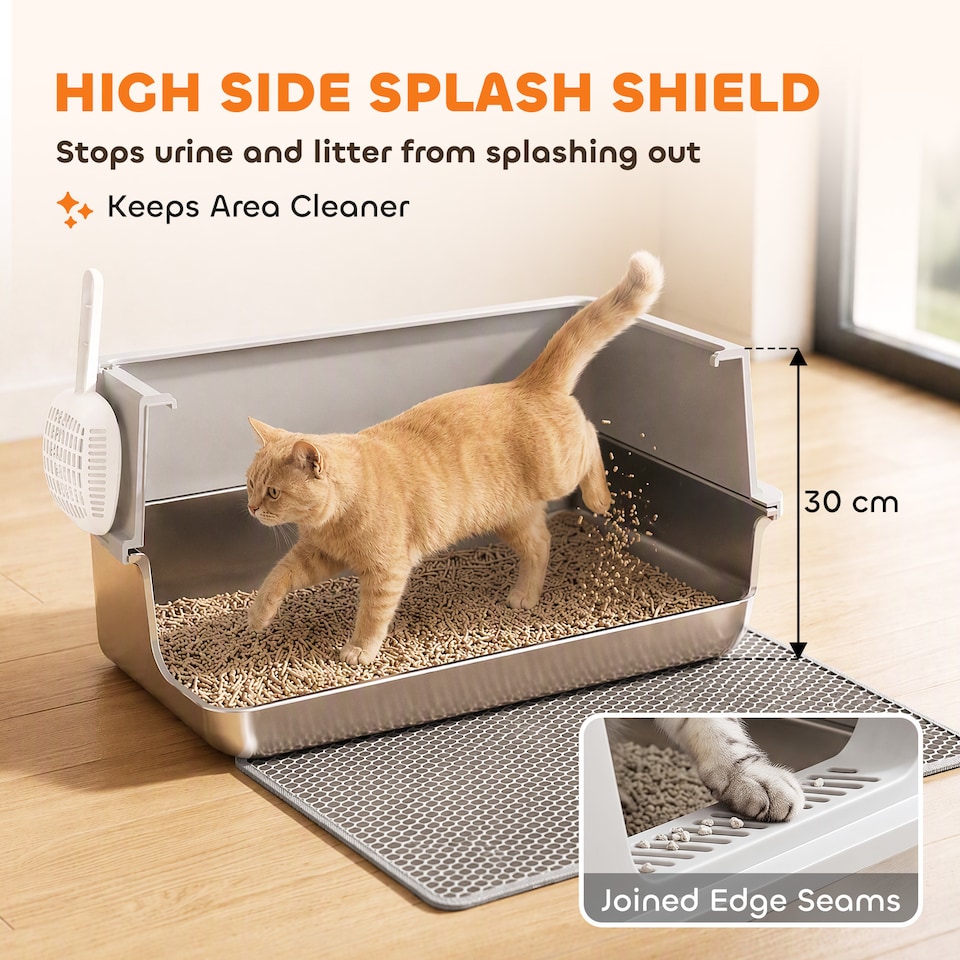 image 1 of PawHut XL Stainless Steel Cat Litter Tray w/ Lid, High Sided Cat Litter Box