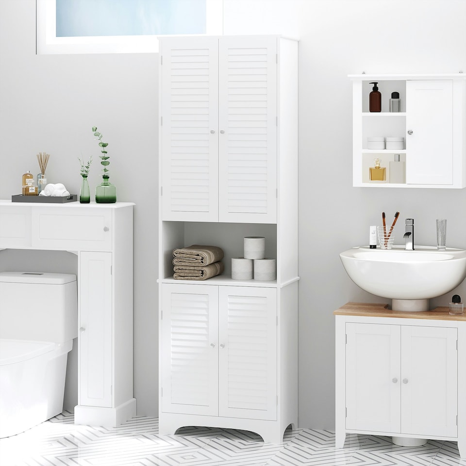 image 1 of HOMCOM 183x60cm Tall Freestanding Bathroom Cabinet Retro 3 Compartments White White