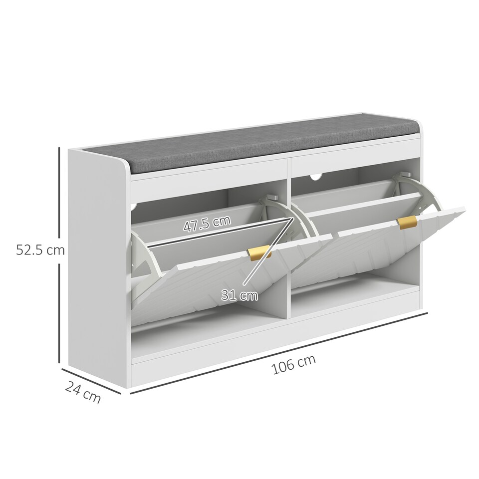 image 1 of HOMCOM Shoe Storage Bench, Narrow Shoe Bench with 2 Flip Drawers, Seating Cushion and 4 Vents for 8 Pairs of Shoes for Entryway, Hallway, White | White | White