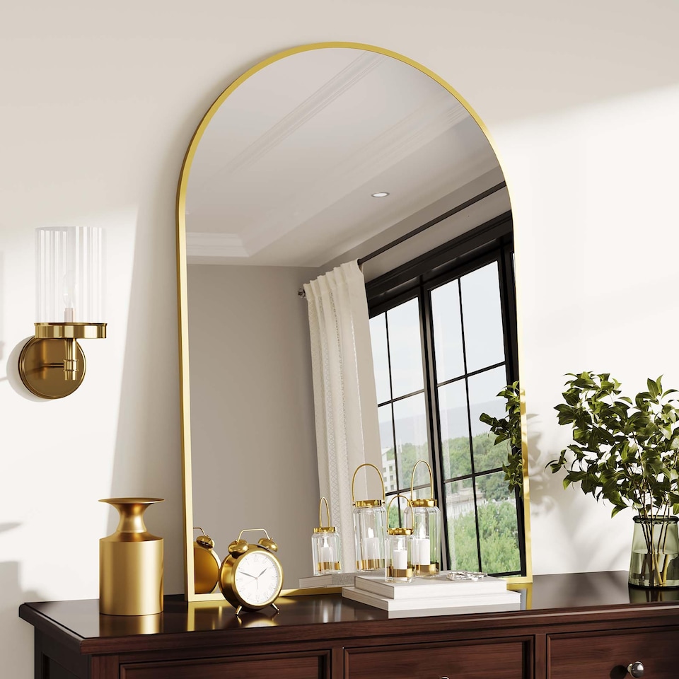 image 1 of London Boutique Gold Arched Wall Mirror Framed Bathroom Mirror 75 x 55 cm