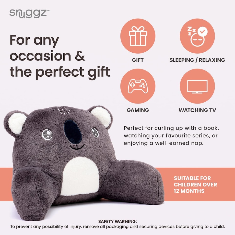 image 1 of Snuggz Koala Cuddle Cushion Reading Pillow with Carry Handle 3D Novelty Design Back Support Soft Cosy Bed Pillow - 60 x 40 x 35 cm