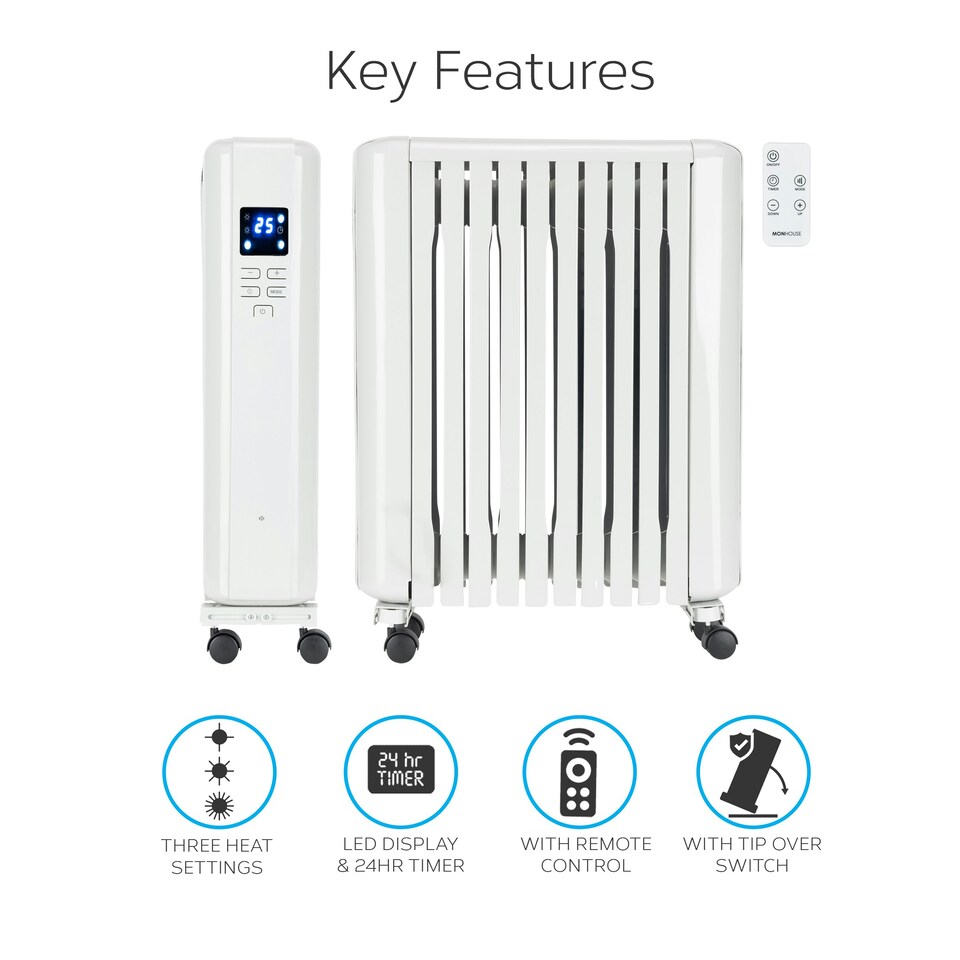image 1 of MONHOUSE 2500W Digital Oil Filled Radiator - Portable Electric Heater with LED Display & Adjustable Thermostat, Remote Control, Overheat Safety Cut Off - White