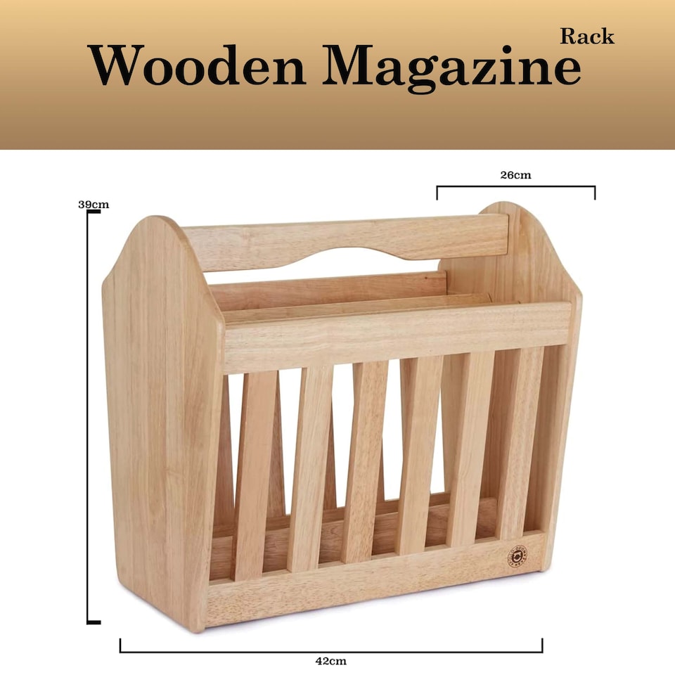 image 1 of Apollo Rubberwood Magazine Rack 42 x 39 x 26cm with Handle Freestanding Storage for Magazines Books & Mail Natural Finish