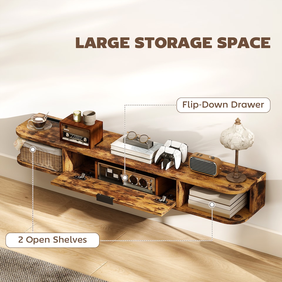 image 1 of HOMCOM 120 cm Floating TV Unit, Wall Mounted TV Stand Cabinet with Flip Drawer, 2 Open Shelves and Cable Management, Modern Media Console for Living Room, Holds Television up to 50 Inch, Rustic Brown