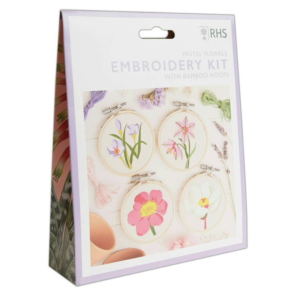 image 1 of RHS Embroidery Hoop Decoration Kit, Pastel Florals, Multicoloured, 9cm
