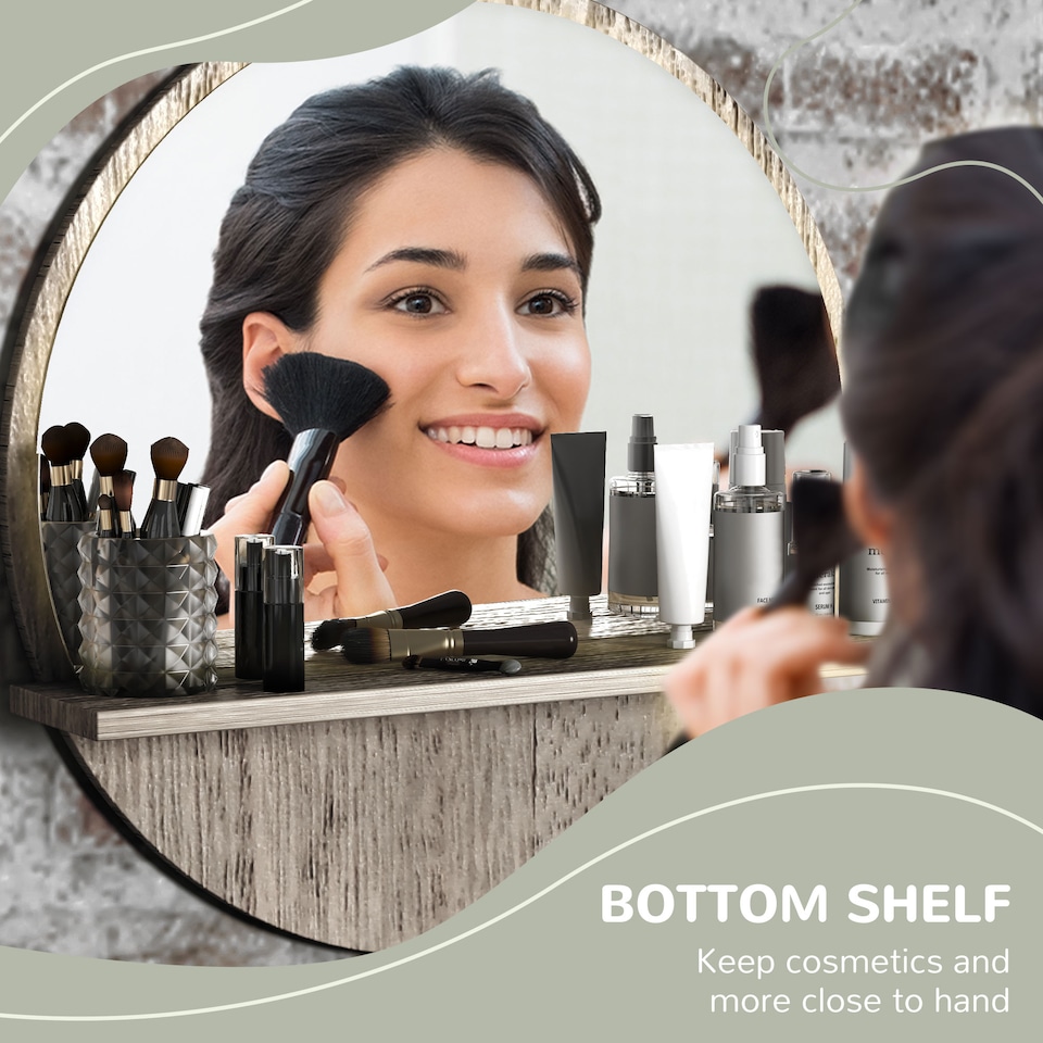 image 1 of kleankin Round Mirror for Wall Makeup Mirror with Shelf Grey Wood Effect