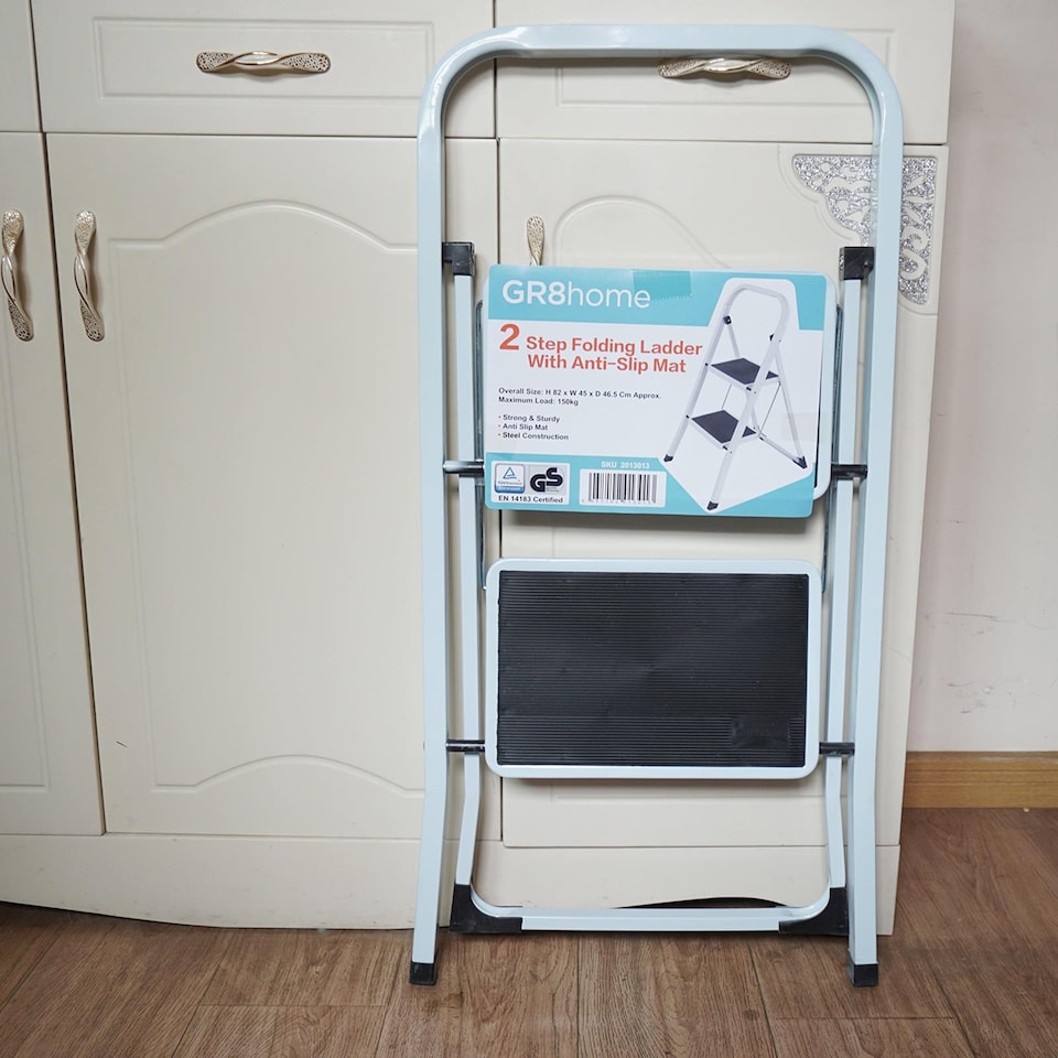image 1 of Gr8 Home 2 Step Ladder Folding Stool Non Slip Tread Heavy Duty Steel Foldable Home DIY