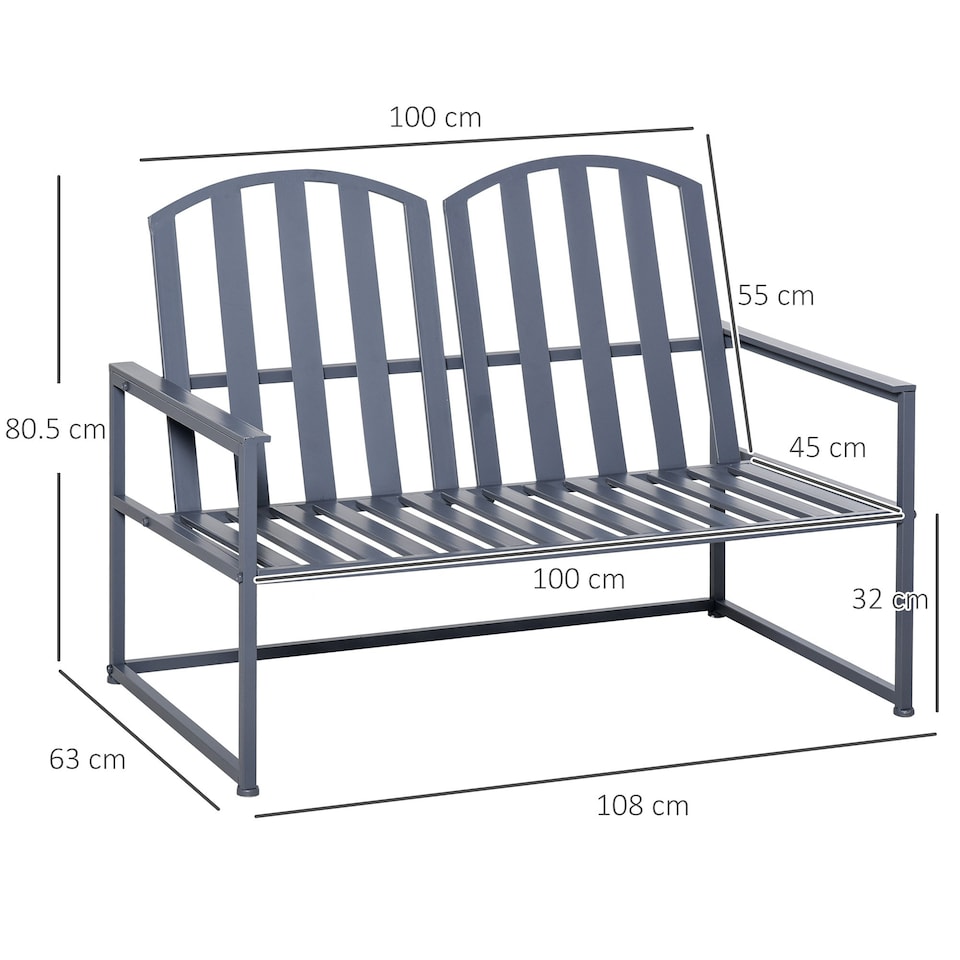 image 1 of Outsunny 2 Seat Steel Patio Garden Bench Chair Slat Design Backyard Porch, Grey