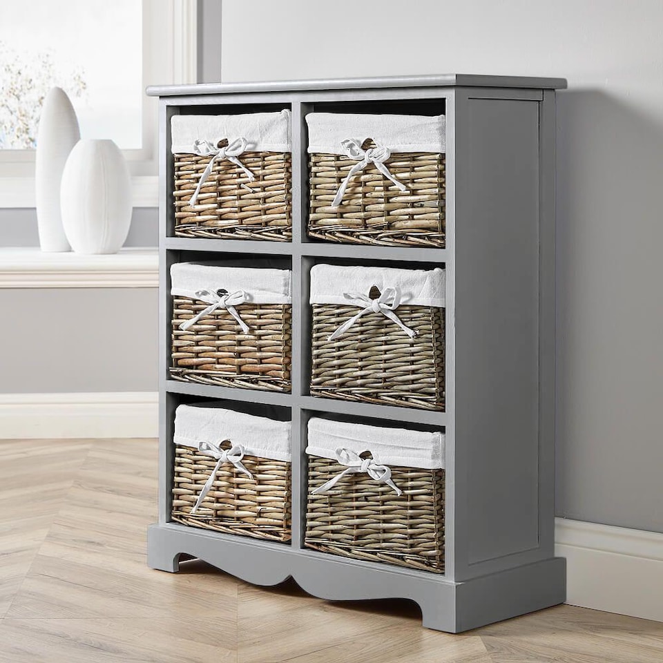 image 1 of Chest Of Drawers Hallway Storage Organiser Wooden Wicker Baskets Fully Assembled | Grey
