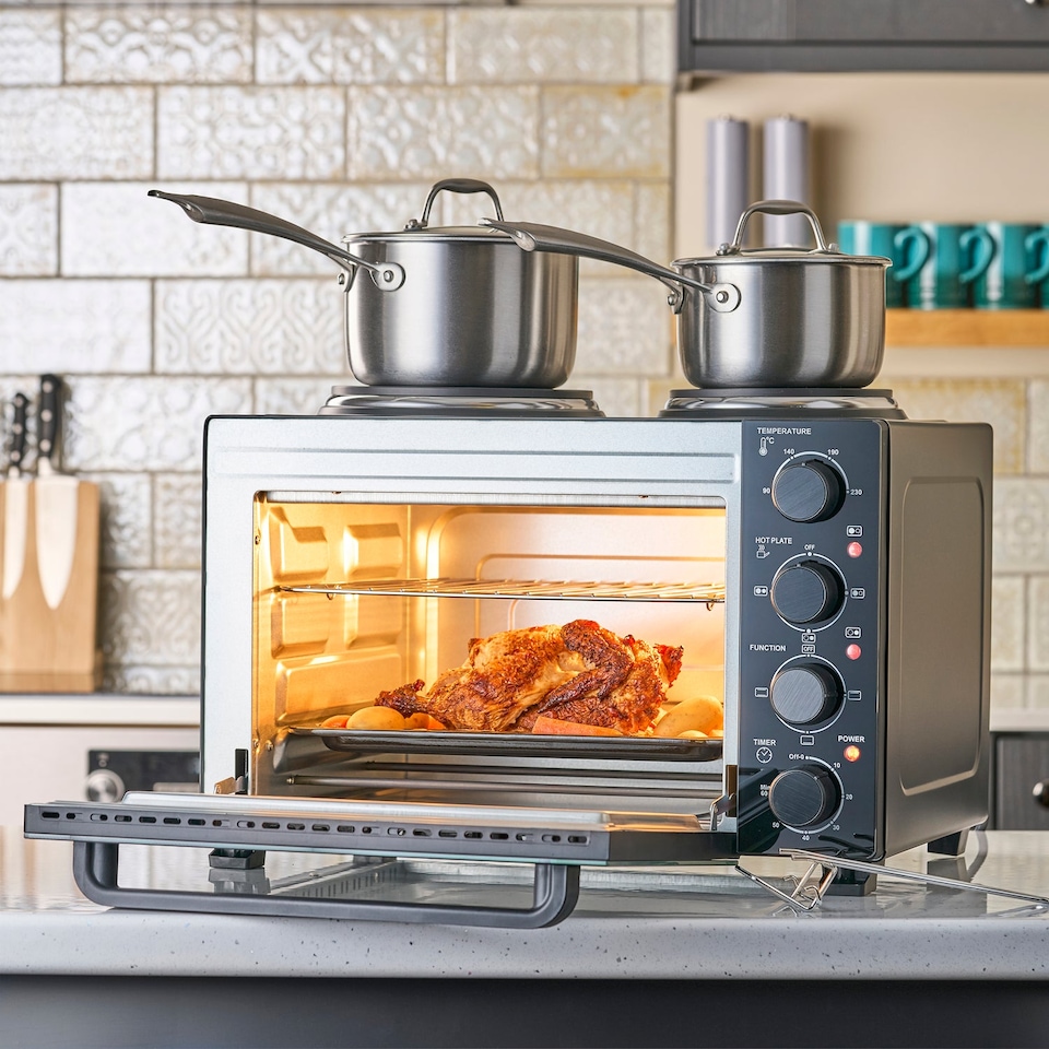 image 1 of Cooks Professional 28L Mini Oven with 2 Hobs - Electric Multifunction Countertop Cooker | Black | Black Contemporary