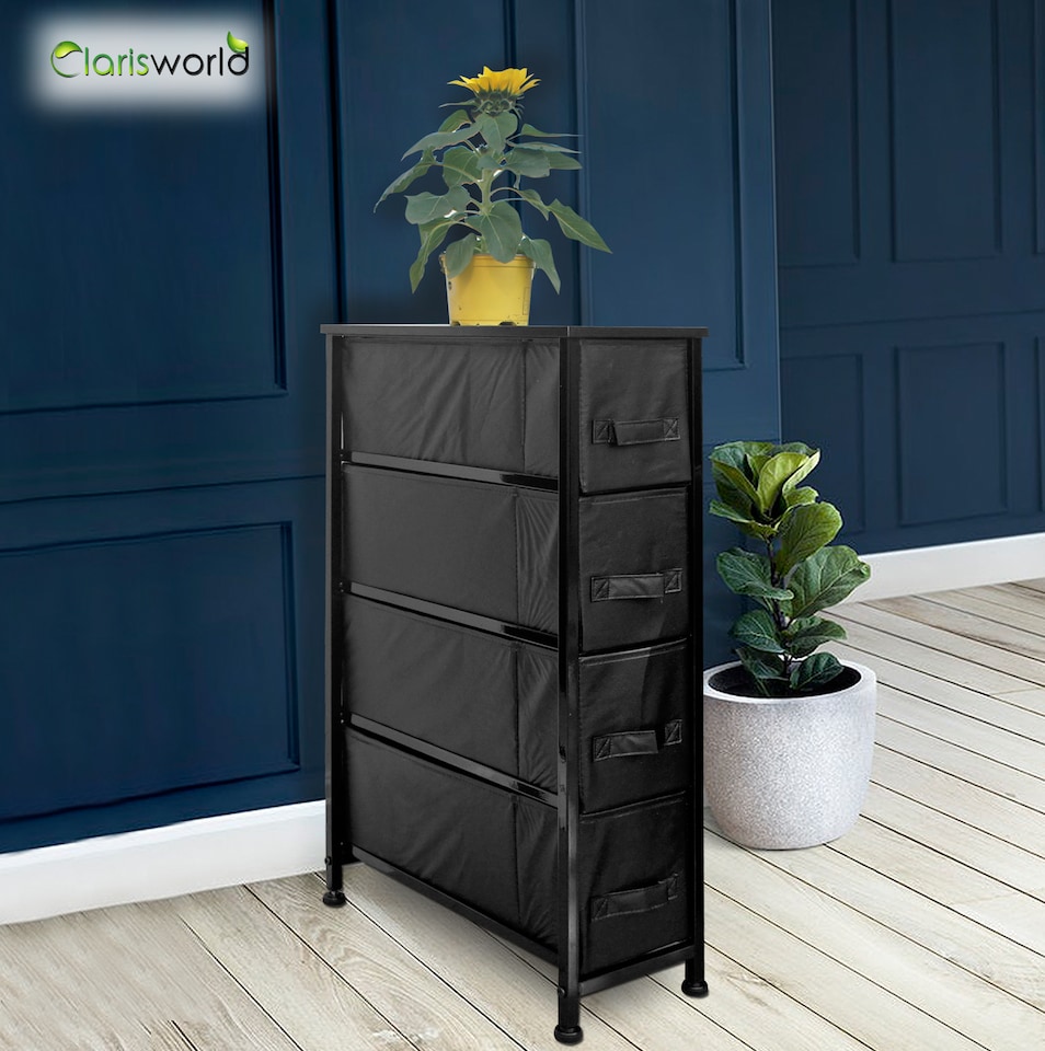 image 1 of Clarisworld 4 Narrow Drawer Storage Tower Dresser with Wood Top, Steel Frame & Laminated Fabric Drawers, Slim Storage Organiser Unit for Bedroom, Hallway, Entryway, Closet & Office