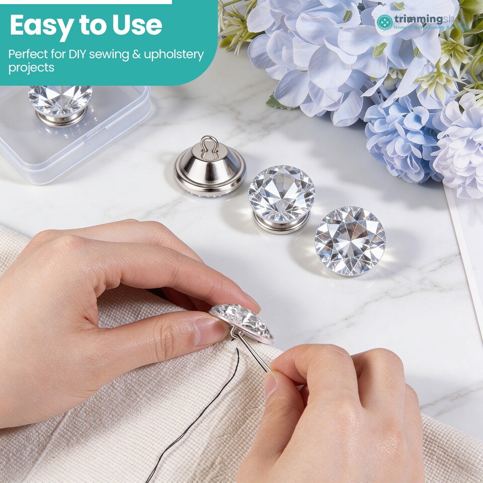 image 1 of 25mm Sew-On Crystal Tufting Buttons, Glass Head Rhinestone Buttons - 10pcs