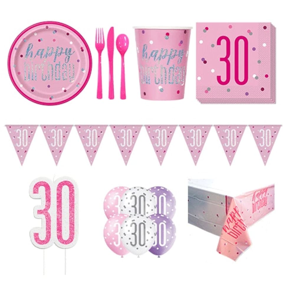 Pink Glitz 30th Birthday 8 Person Deluxe Party Pack