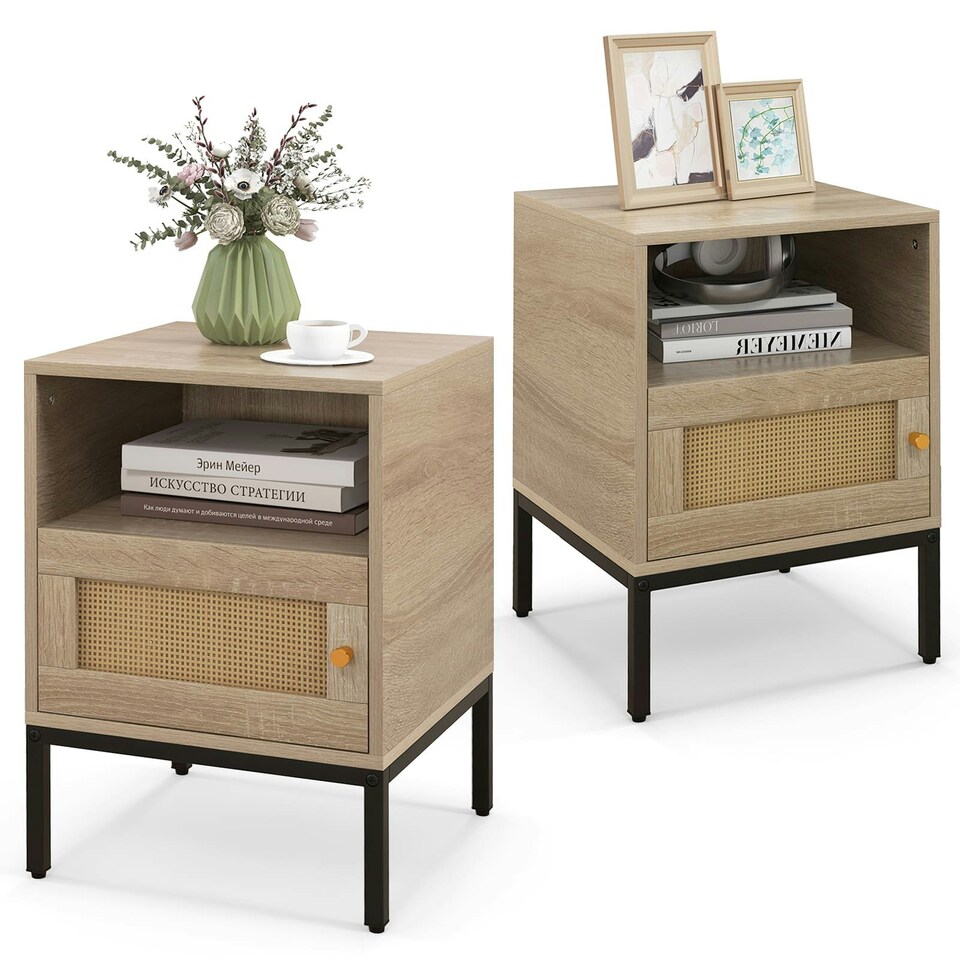 image 1 of COSTWAY Nightstand Set of 2 Accent Table with Storage Brown