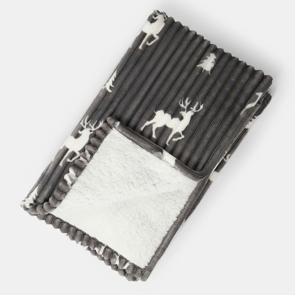 image 1 of OHS Christmas Stag Ribbed Sherpa Fleece Reverse Soft Warm Blanket Throw, Grey - 125x160cm