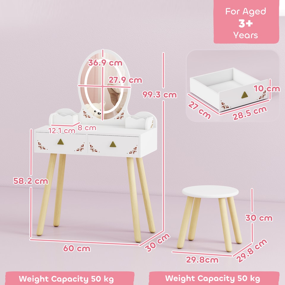 image 1 of AIYAPLAY Kids Vanity Table and Chair Set with 3-Colour LED Lights Mirror