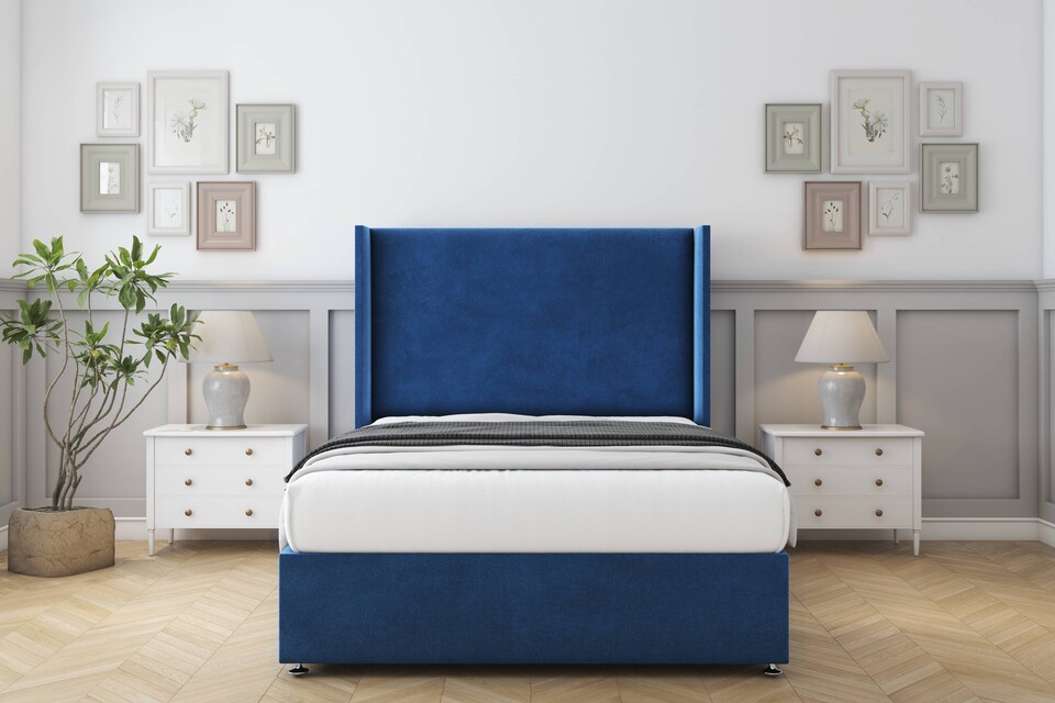 image 1 of Sloomy Devonshire Navy Plush Divan Bed Base 2 Drawers Foot-End With 54 Inch Wingback Headboard | Blue | Navy | Double | 1