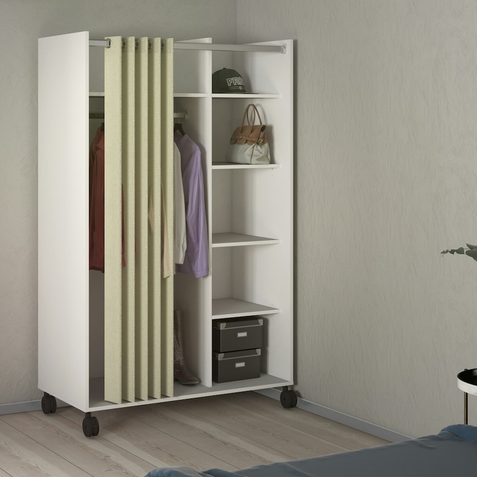 image 1 of Uppsala Open Mobile Wardrobe Unit in White with a Beige Textile Curtain on Wheels