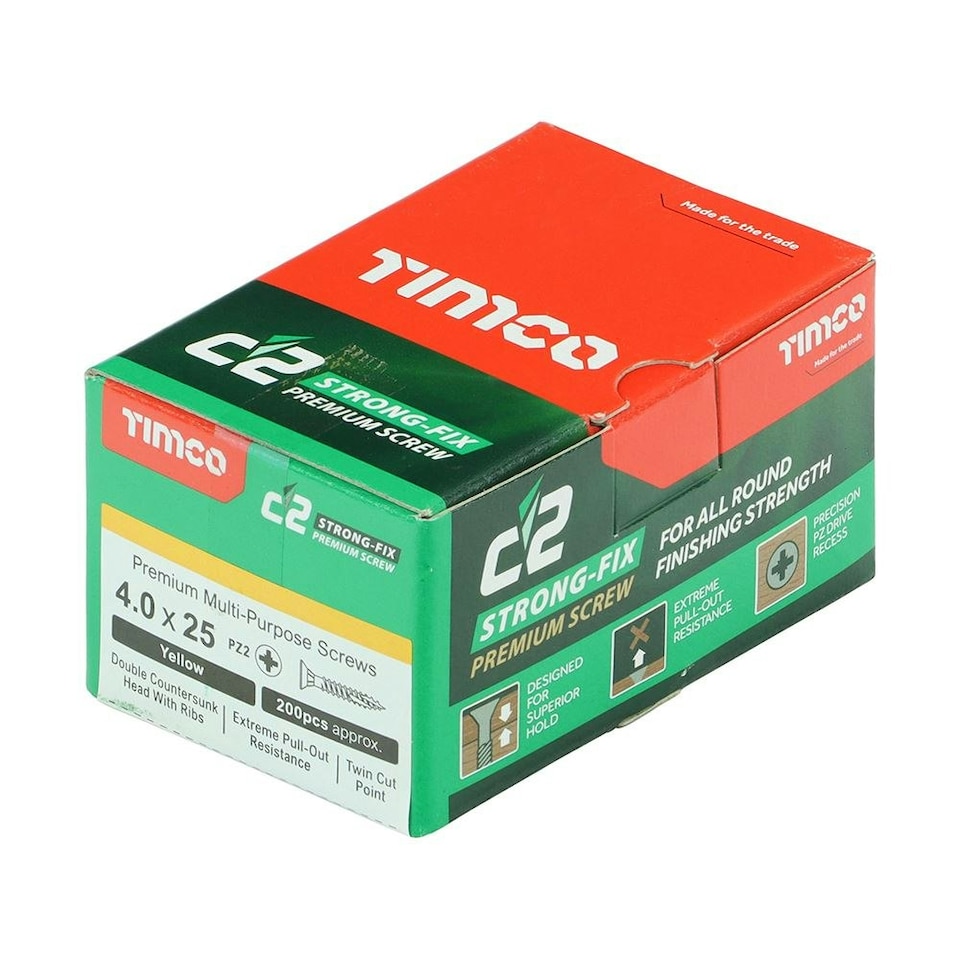 image 1 of Timco - C2 Strong-Fix Multi-Purpose Premium Screws - PZ - Double Countersunk - Yellow (Size 4.0 x 25 - 200 Pieces)