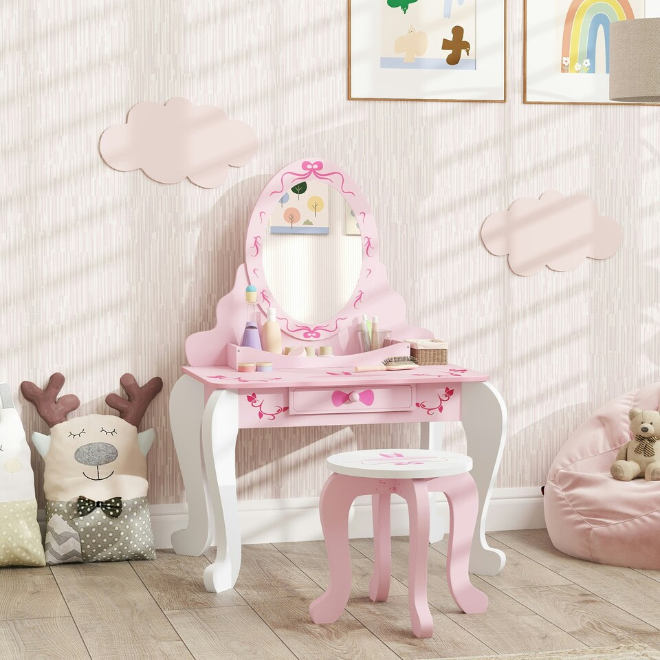 image 1 of AIYAPLAY Kids Dressing Table Set, 2 PCS Children Vanity Table with Stool Pink